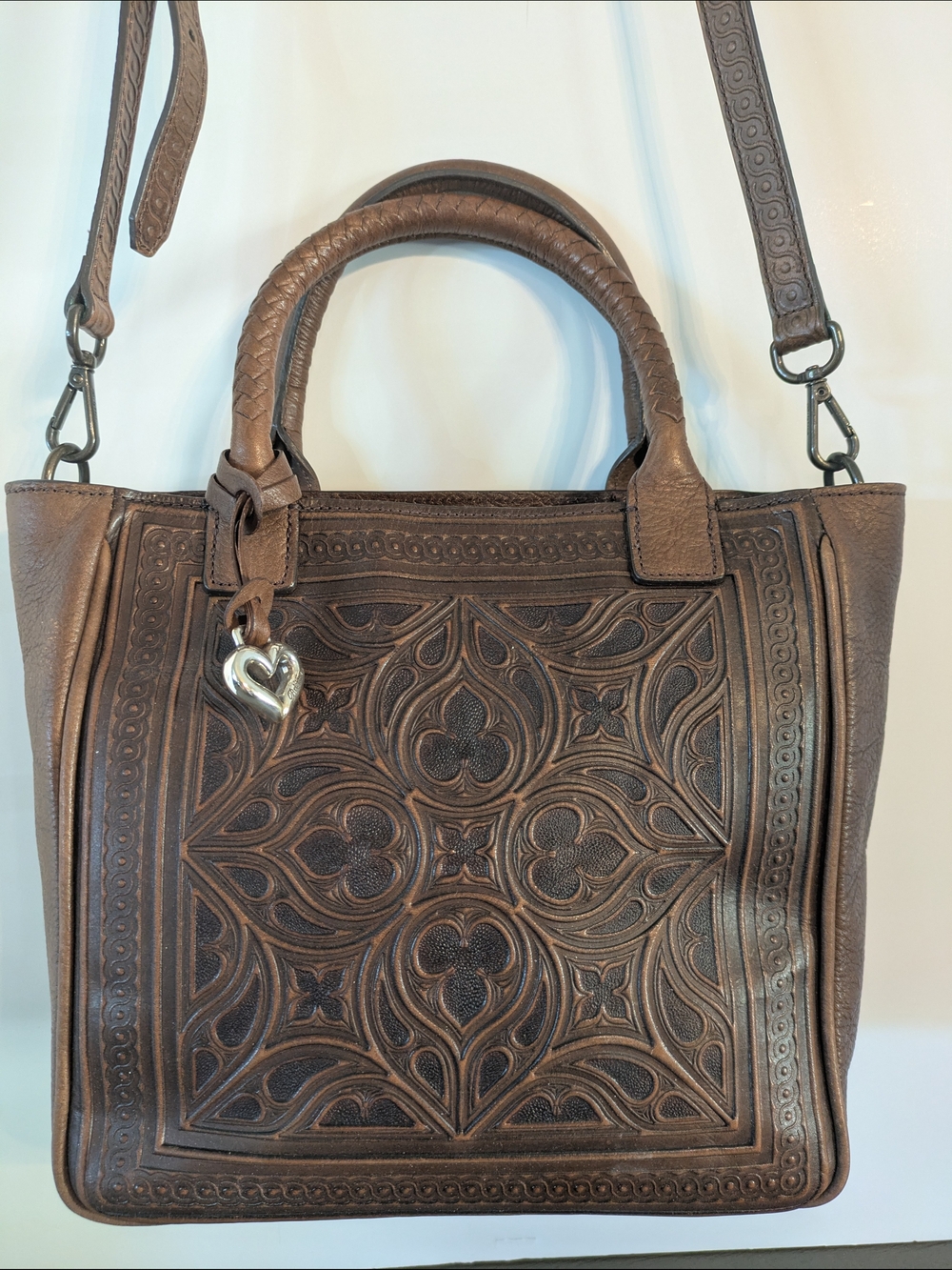 Brighton Brown Embossed Leather Shoulder Bag with Heart Charm